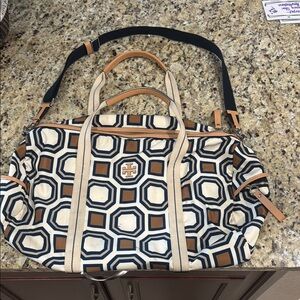 Tory Burch Hexagon Pattern Tote in Tan and Navy